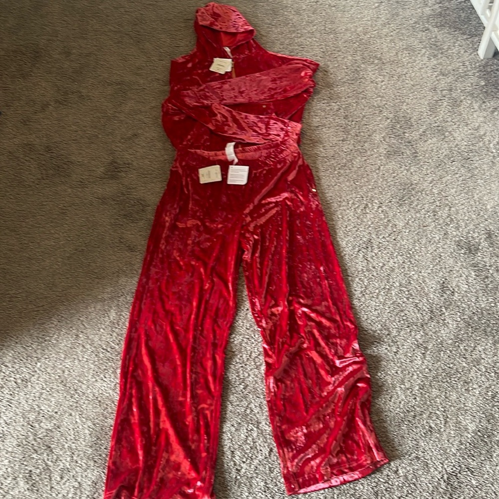 Fabletics Crushed Velour Zip Up Hoodie and Go-To Crushed Velour Wide Leg Pant.